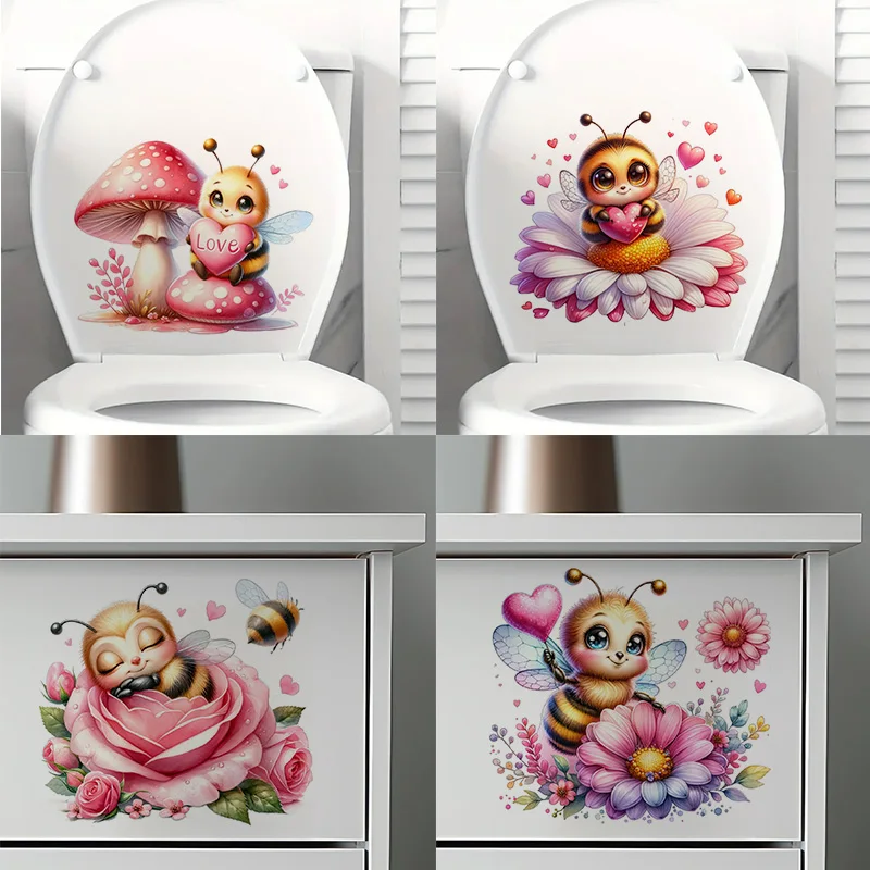 

KT308# Bee and Flowers Self-Adhesive Toilet Stickers,Wall Decal Removable, Reusable Vinyl Car Sticker for Toilet Lid, Bathroom