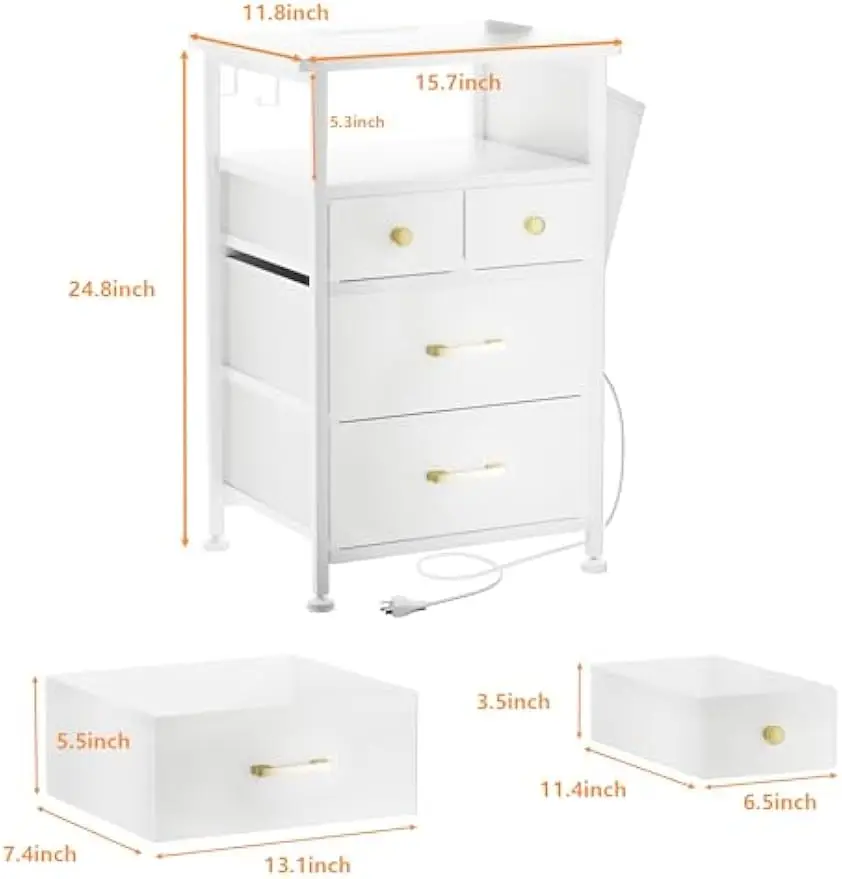 Nightstand branco com estação de carregamento LED Night Stand, mesa de cabeceira