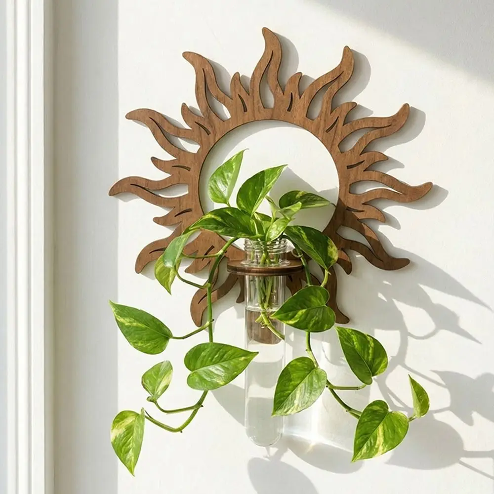 Flower Holder Wooden Lantern Planter Holder Vase Retro Wall Decoration Geometric Sun Jellyfish Wall