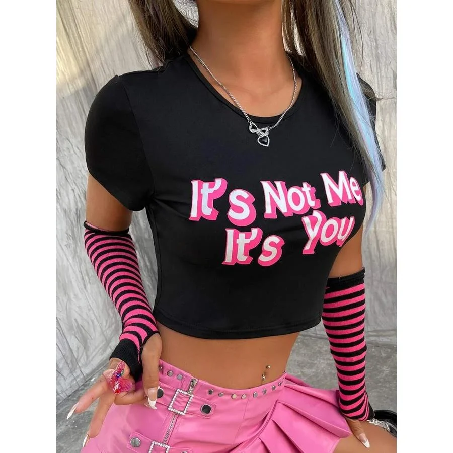 Printcess Women's Y2K Sexy Slim Short SleeveRound Neck Crop Top Slogan Print CropTee Cool Street Fashion Women Clothing