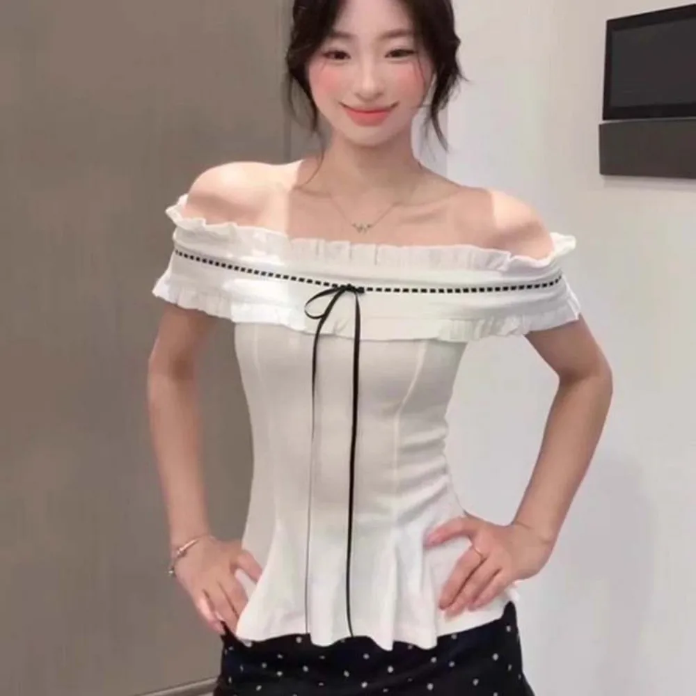 

White Off-shoulder Ruffle Shirt Lace-up Cute Bow Pleated Collar Ruffle Shirt Tops Korean Y2K Ins Spicy Girl Style