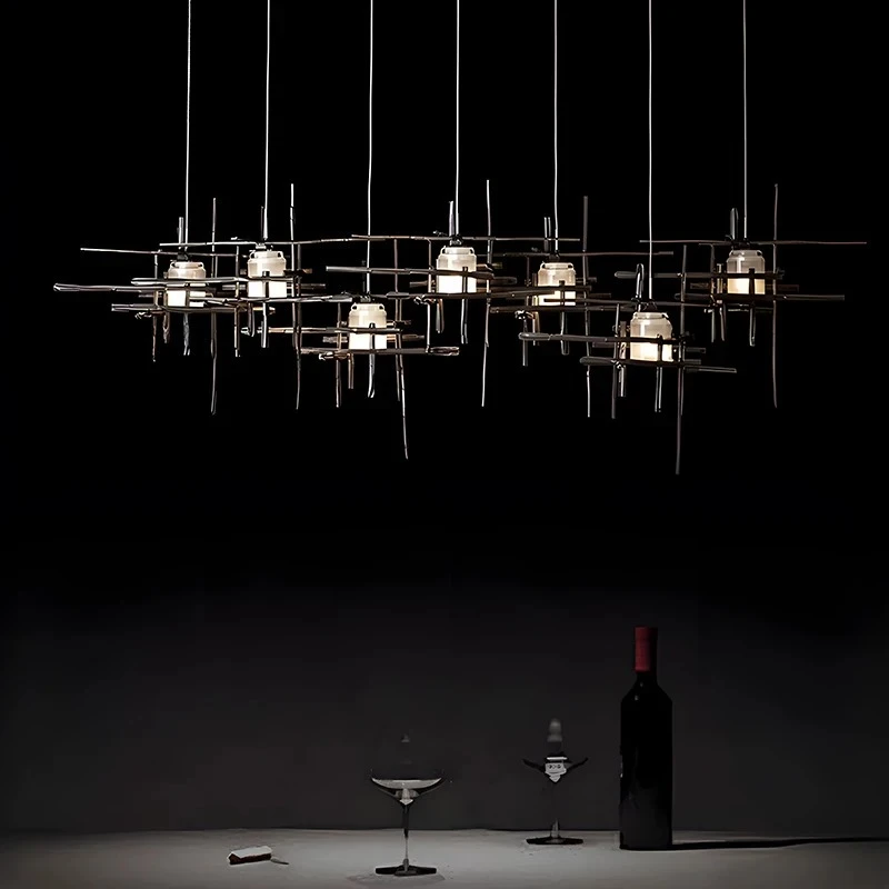 Artistic Abstract Line Chandelier Modern 7 Head Industrial Style Pendant Light Fixture Adjustable Height Hanging Lamp for Livi
