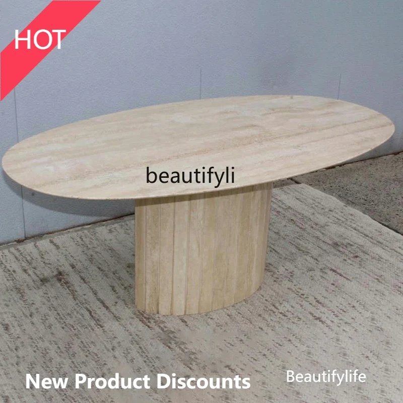 

Marble long dining table simple modern negotiation table hotel meeting room restaurant light luxury oval travertine Nordic