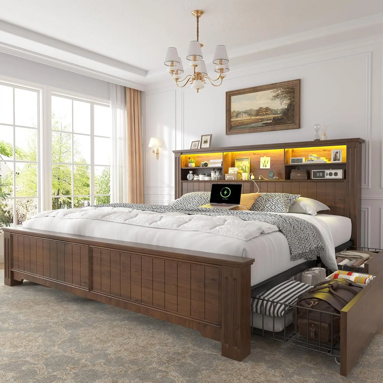 King Size Bed Frame and Headboard & Storage,4 Drawers and LED Built in Charging Station King Bed Frame with Storage, Custom
