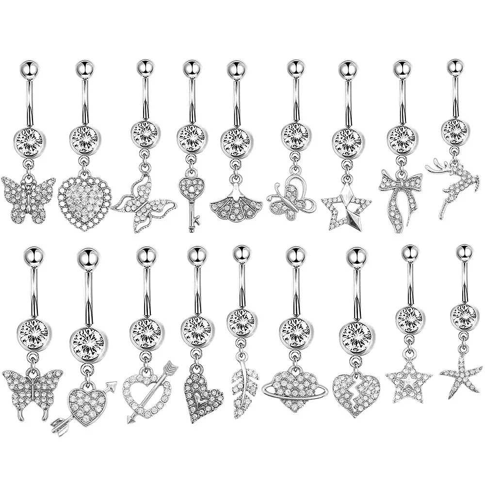1 Piece Stainless steel long navel nail butterfly heart five-pointed star pendant puncture jewelry