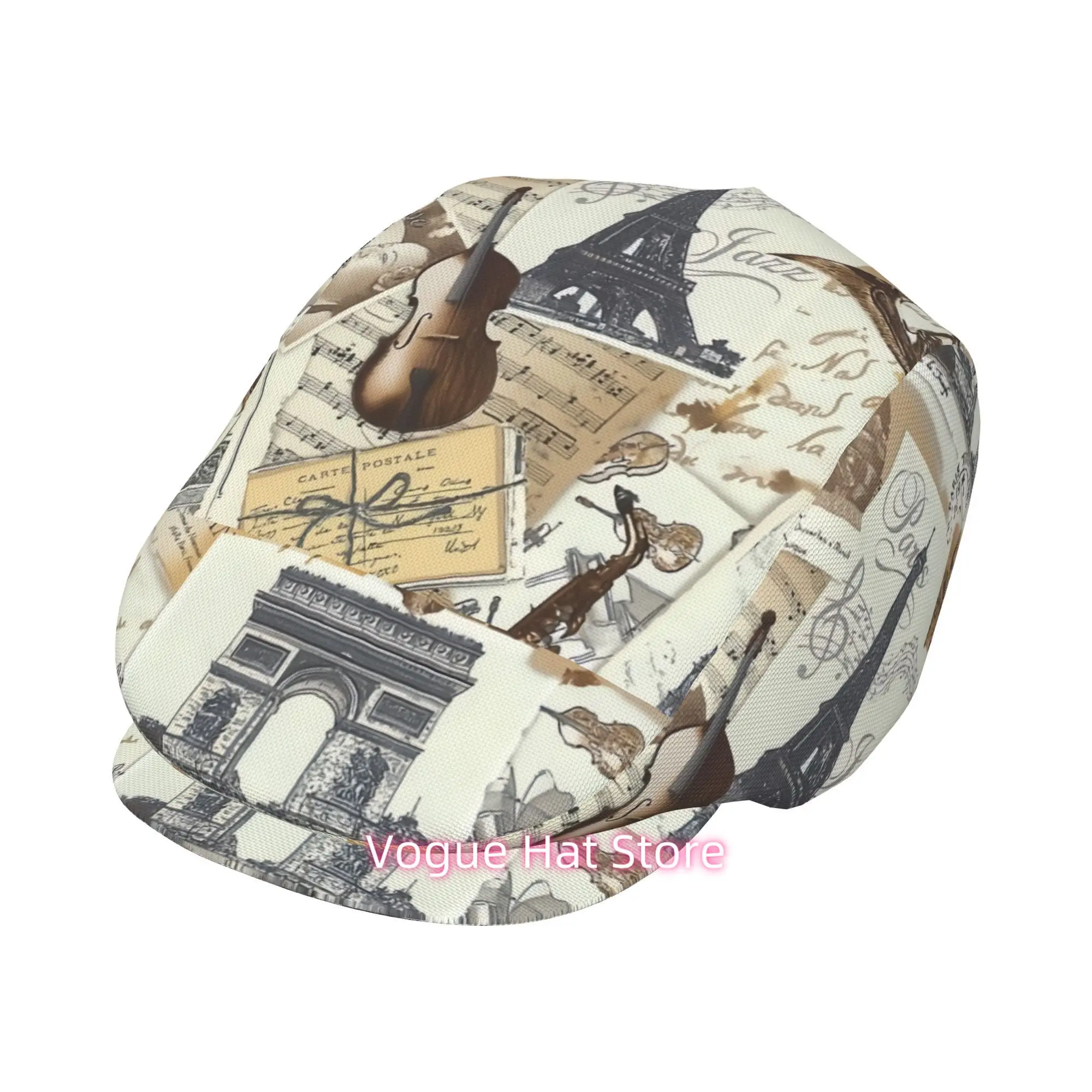 1pc Paris Music Mail Collection All-over printed beret,  newsboy cap, unisex, a must-have fashion accessory for outdoor leisure