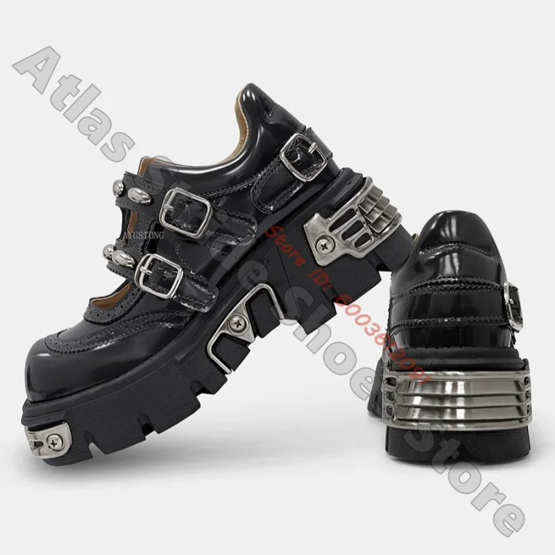 Black Patent Mary Jane Chunky Lug Sole Shoes Dual Metal Buckle Strap Raised Dome Stud Details Cyber Punk Techwear Platform Shoes