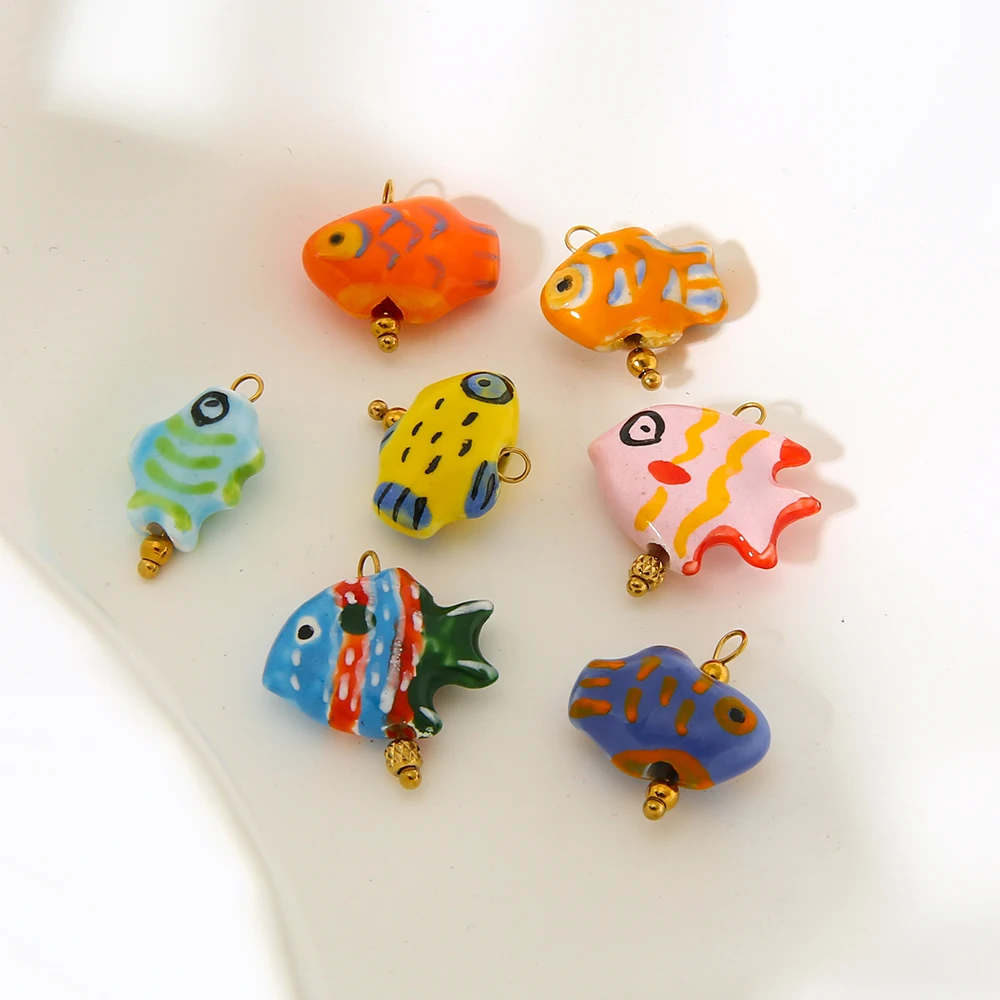 

INS Hand Painted Ceramic Charms Fish Butterfly Pendants Stainless Steel DIY Jewelry for Necklace Bracelet Earring