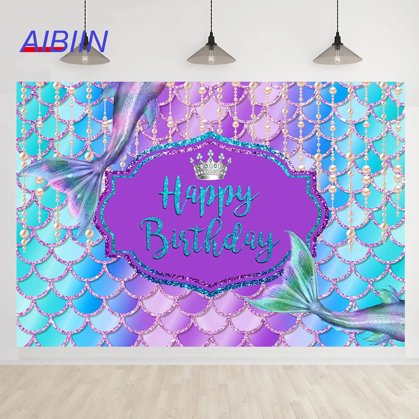 

Birthday Party Backdrop Blue and Purple Scales Fishtail Pearl Photography Decor Background Girl Cake Table Photozone Poster