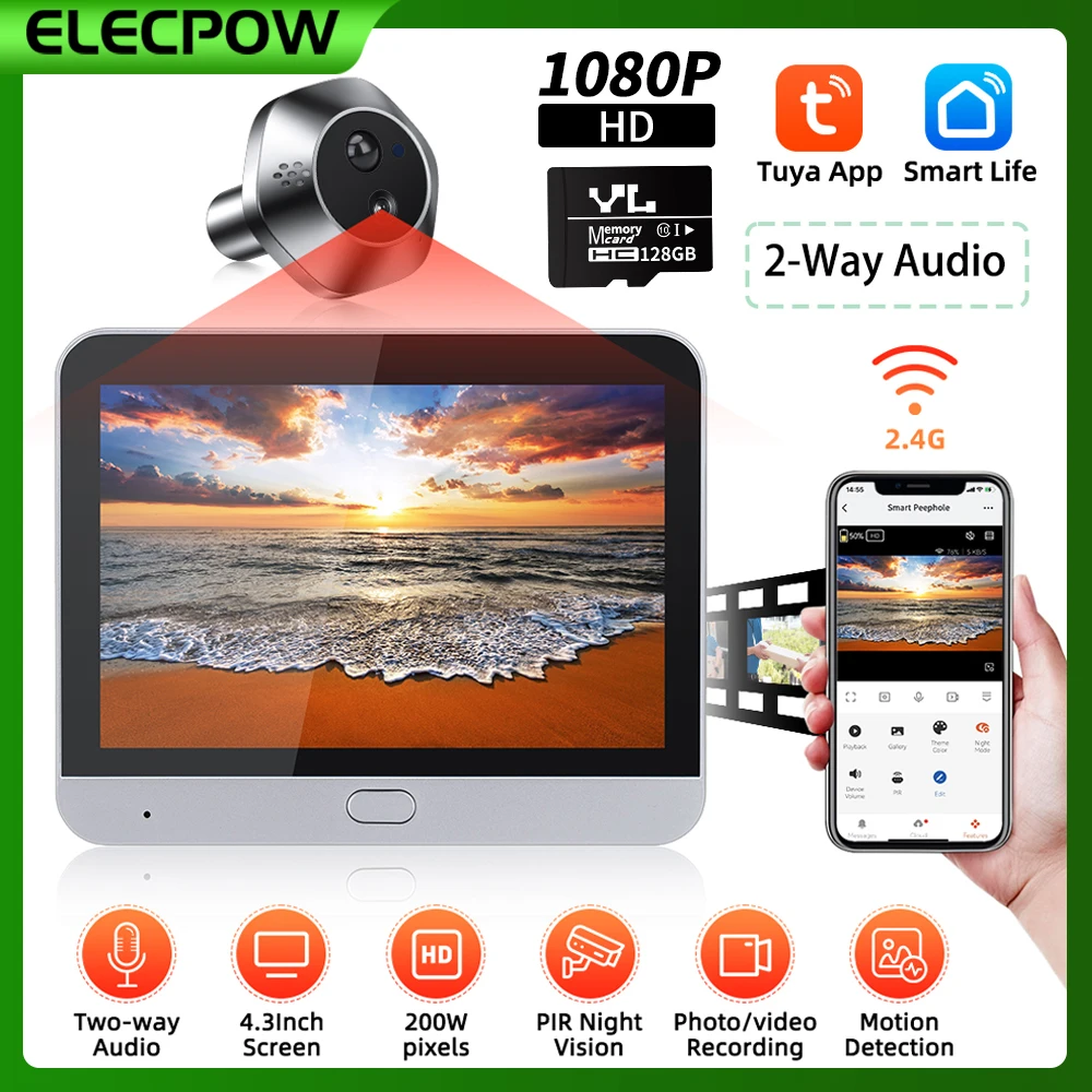 Elecpow Tuya Peephole Camera Smart Home 2 Way Audio WiFi Doorbell Camera PIR Night Vision Motion Detection Digital Door Viewer