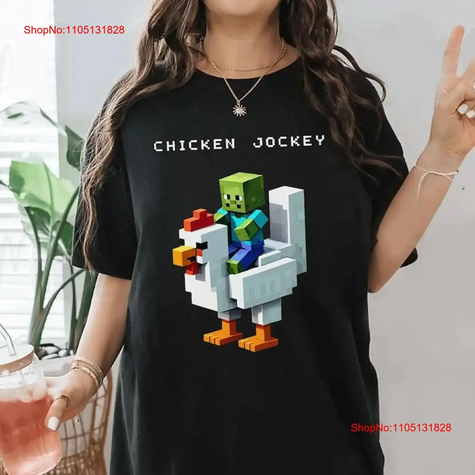 تي شيرت مضحك من Minecr ft Chicken Joc ey Hilar ous Gaming كامل عتيق مغسول أنيق للجنسين جرافيك قابل للتنفس قليلاً #1