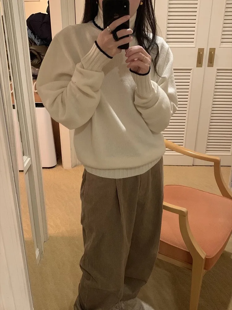 

Весна 2026: Женский теплый зимний модный свитер Leobe Dongdaemun из чистой шерсти с высоким воротником, однотонный, вязаный топ