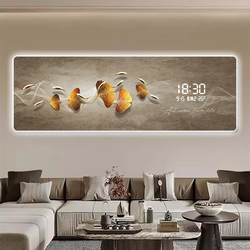 2025 Ginkgo Leaf Nine Fish Painting Living Room Decoration Painting LED Electronic Clock Bedroom Wall Light Plug In Clock