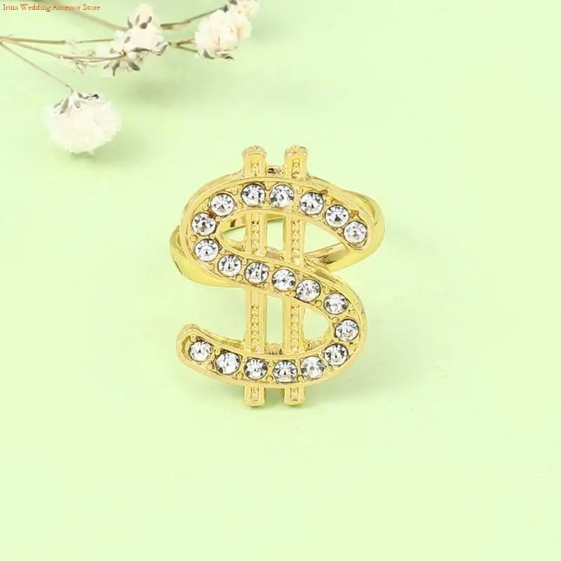 G92D Hip Hop Crystal Dollar Sign Ring Money Symbol Ring Adjustable Finger Rings Jewelry Costume Props Fashion Accessories