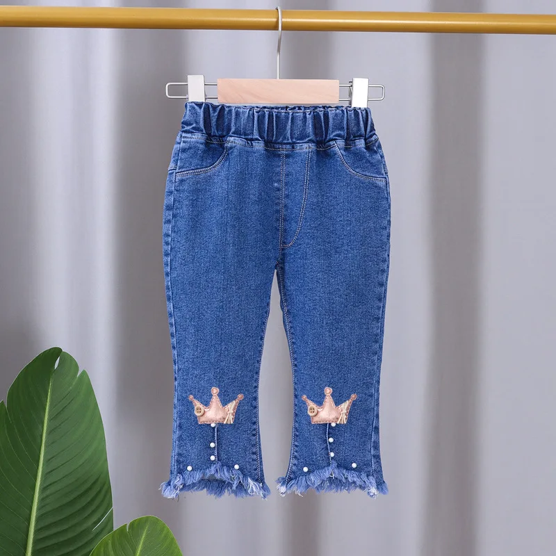 2024 New Spring and Autumn Children\'s Jeans Fashion Girls Korean Bow Horn Jeans Infant Stretch Pants 0-5 Years Old