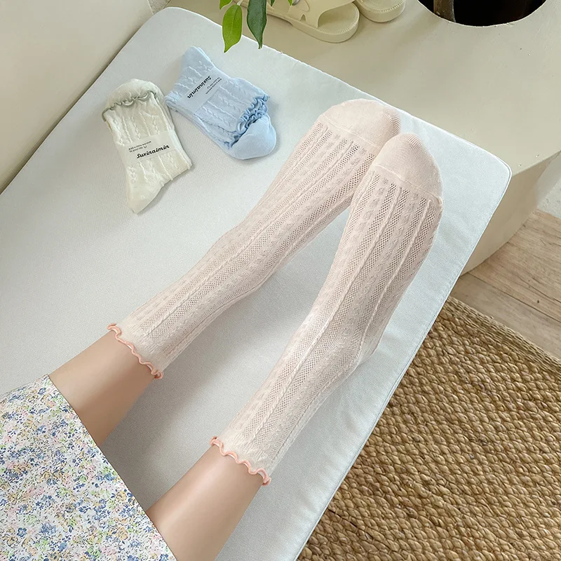 Kawaii Ruffle Socks Women Lolita Sweet Girls Cute Solid Color Cotton Long Socks Hollow Out Mesh Thin Breathale Middle Tube Socks