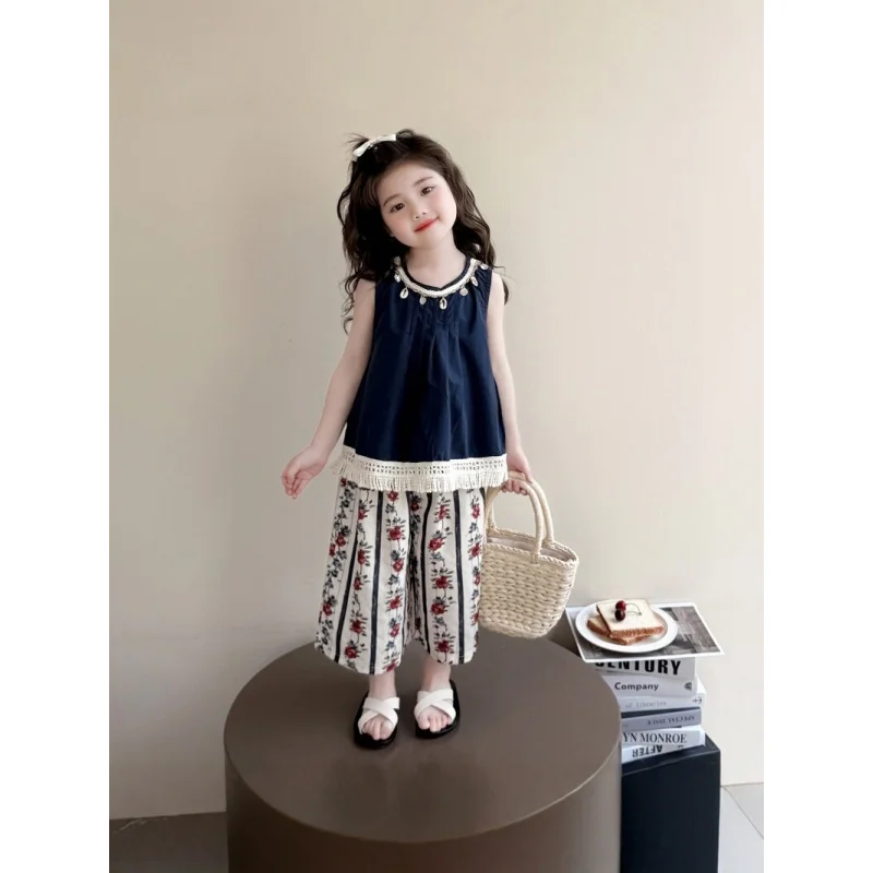 

Girls' Summer New Sleeveless Vest and Wide-Leg Pants Two-Piece Set, Stylish Casual Outfit, Children's Fashion Trendy Clothing