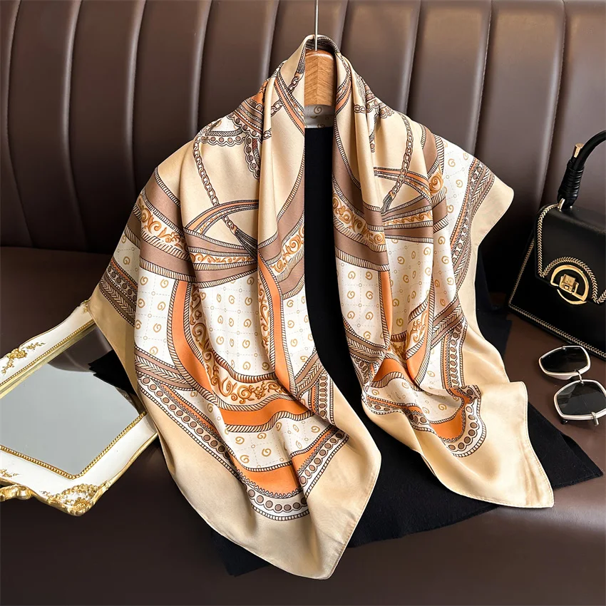 90*90cm Square Silk Scarf Women Shawl Print Satin Hijab Female Luxury Brand Foulard Muffler Coverchief Bandanna Girl Headband