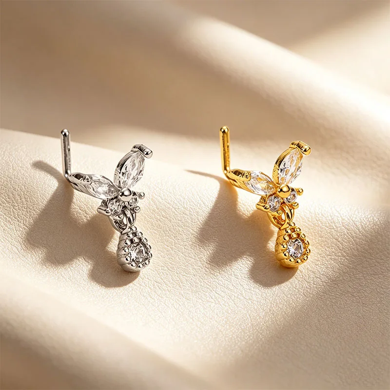 Unisex Stainless Steel L Bend Dangle Nose Studs, Sparkly Butterfly Charm Hanging Nose & Cartilage Ear Piercing Accessory
