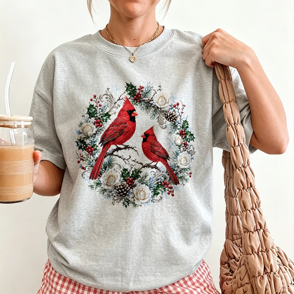 Christmas Cardinal Birds Wreath Graphic T Shirt Vintage Red Cardinals Pinecone Holly Berry Floral Winter Holiday Casual Gift Top