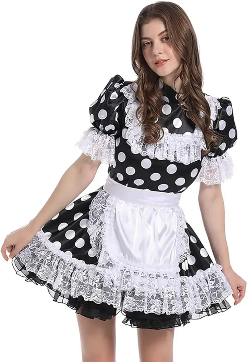 

Smooth Polka Dot Satin High Neckline with Lace Inlaid on the Chest Independent Apron Skirt Hem Sheer Lace Inlaid Girly Dress