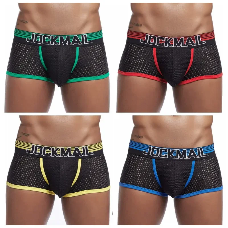 JOCKMAIL Fashion Classic Men\'s Underwear Sporty Breathable Mesh Boxer Briefs Sexy Transparent Male Underpants Gay Sissy Shorts