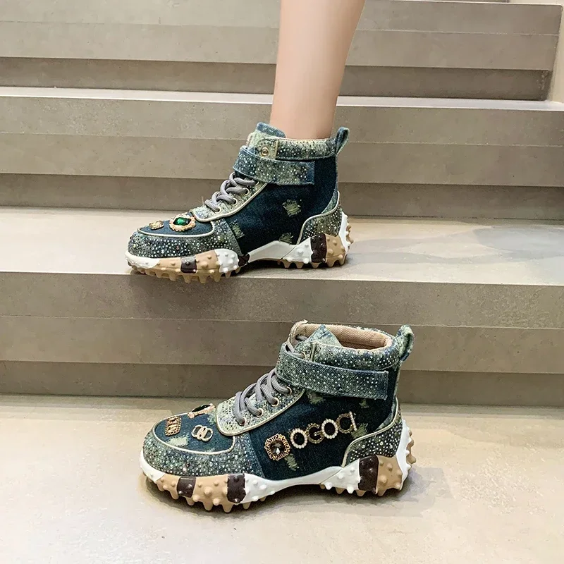 2024 Spring Autumn New Explosive Rhinestones Shoes Women's Trendy Diamond-studded Vulcanized Shoes Thick Sole Female Sneakers