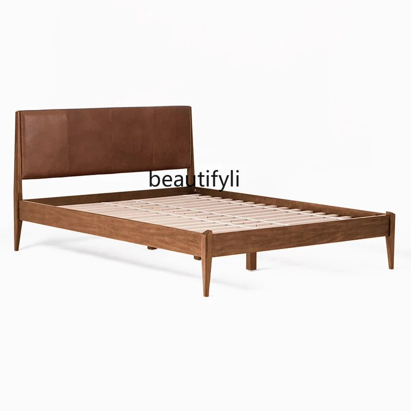 

Italian Minimalist Solid Wood Double Bed Small Apartment Home Modern Leather Back Master Bedroom Marriage Bed