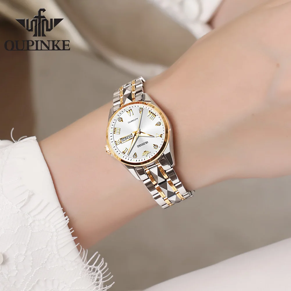 OUPINKE 3171 Women Watch Original Luxury Tungsten Mechanical Watch 50M Waterproof Luminous Watches For Women Dual Calendar