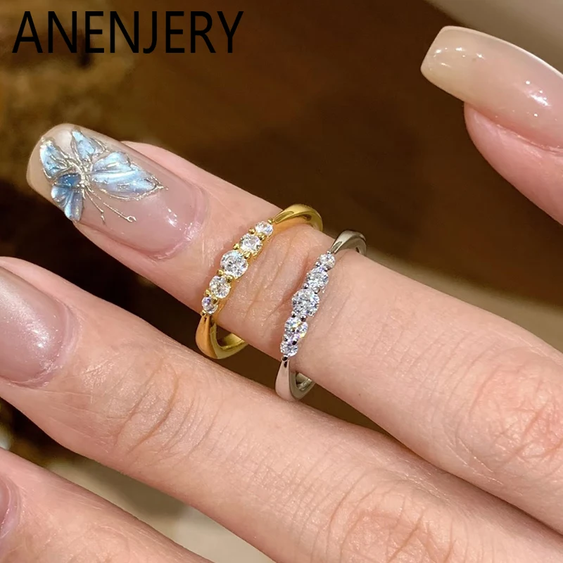ANENJERY Gold Silber Farbe Intarsien Zirkon Dünnen Ring Für Frauen Luxus Design Temperament Hochzeit Schmuck Geschenke Großhandel