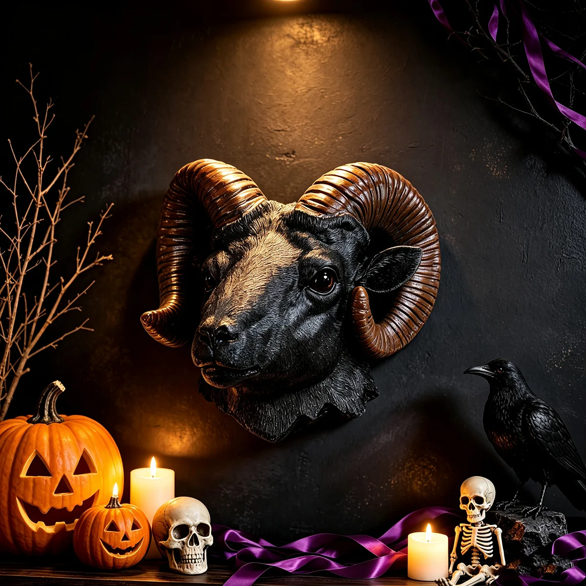Resin Goat Head Wall Decor, Gothic Ram Head Wall‑Mounted Sculpture, Spooky Wall Art for Home Bar Farmhouse Halloween Party Decor