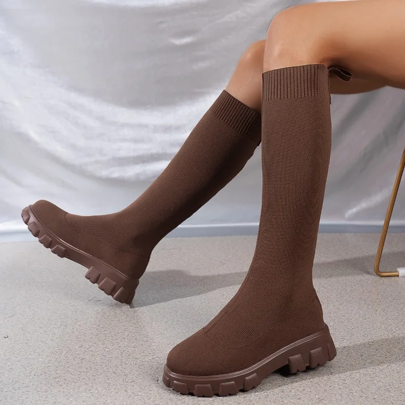 Thick Sole Knitted Long Boots for Women Fashion Elastic Socks Shoes Boots Over Knee Round Toe Low Heels Botas De Mujer 2024