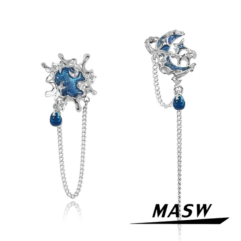 

MASW Original Design Cool Asymmetrical High Quality Brass Thick Silver Plated Blue Star Moon Earrings For Women Jewelry Gift