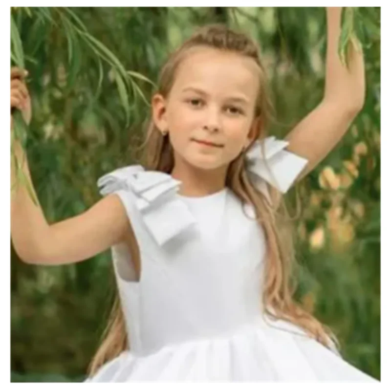 Vestido blanco esponjoso de flores para niña, apliques de lazo con manchas, vestido elegante de flores para boda, Primera Comunión para niño, fiesta de cumpleaños