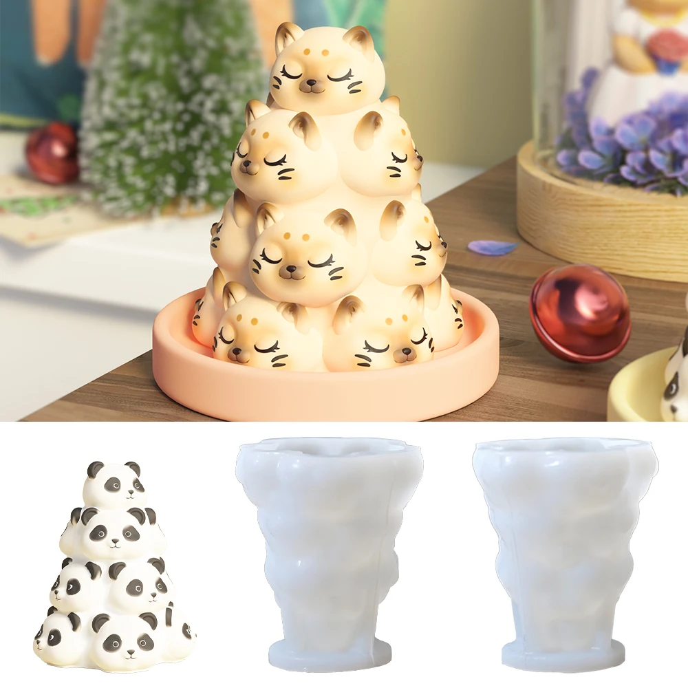 LZ069 3D Cute Animal Tower Candle Silicone Mold Panda Cats Desktop Ornament Plaster Resin Molds