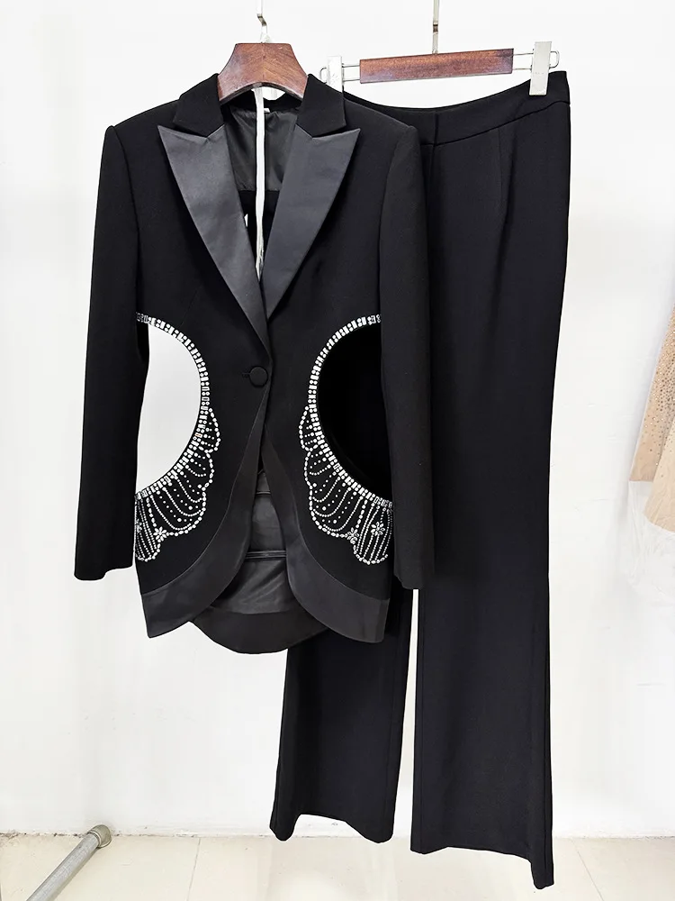 Sexy Beaded Black 2 Pieces Pants Suit Diamonds Open Back Hollow Out Single Button Jacket + Pants Elegant Two Pieces Set Party