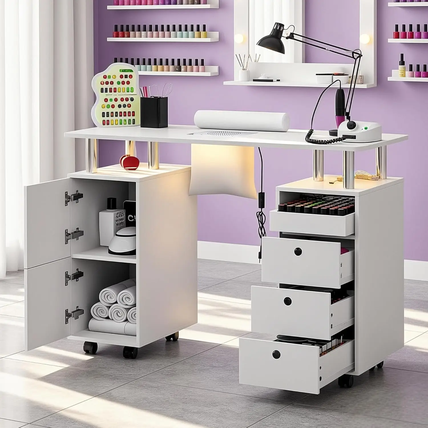 Nail Desk for Nail Tech w/Electric Dust Collector, Rolling Manicure Table w/Lockable Wheels, Storage Drawers, Wrist Cushion, Ace