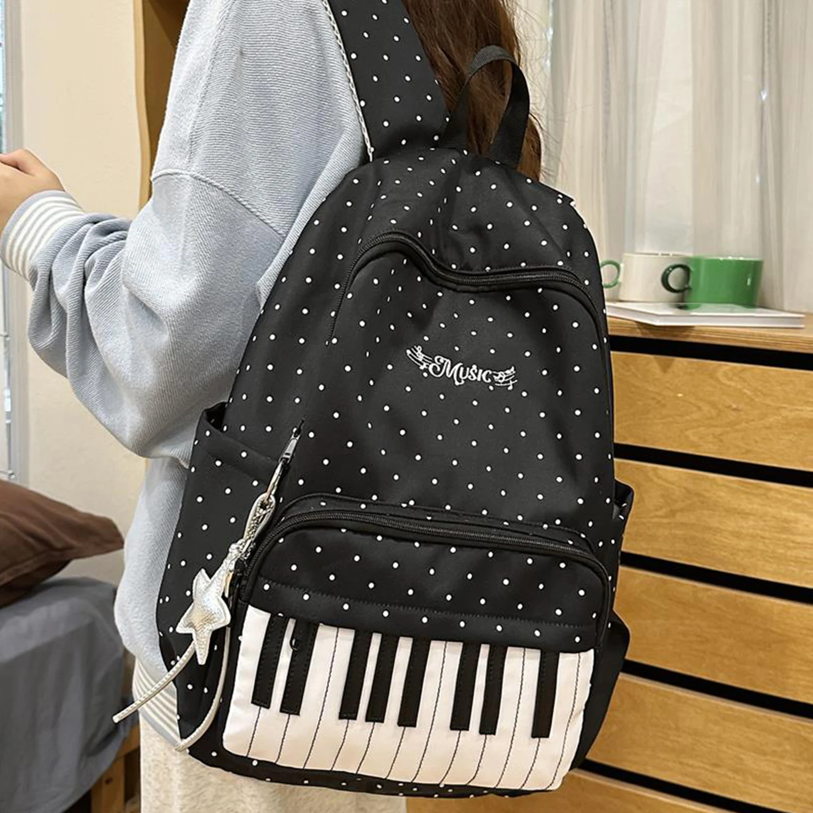 

Nylon Casual Backpack 16.9 Inch Polka Dot Piano Key Travel Daypacks for Teen Girls Travel Shopping Daily Use