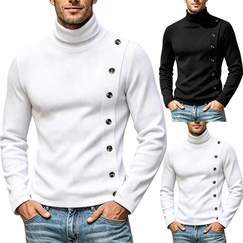 Men Ribbed Turtleneck Long Sleeve Shirt Slim Fit Muscle Top Asymmetric Side Button Decor Bodycon Fashion Casual Knit Blouse