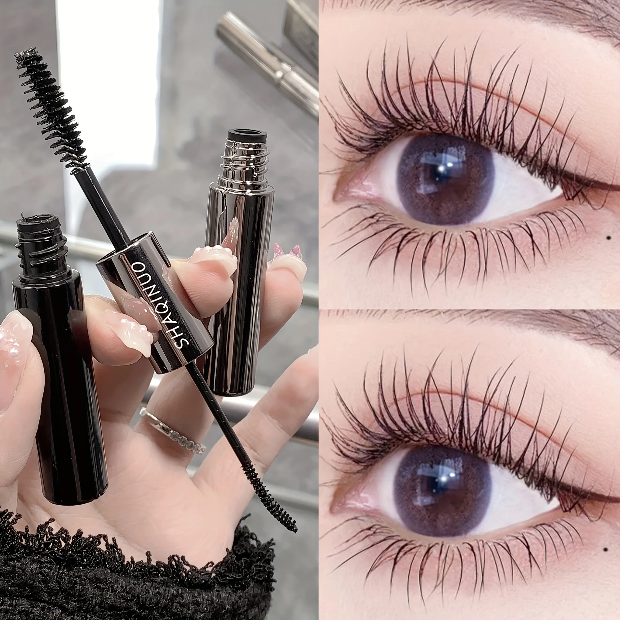 Doppelköpfige Wimperntusche, verlängert, kräuselnd, dick, große Augen halten, Make-up, nicht leicht zu verschmieren, Creme, glatt, wasserfest, schweißbeständig