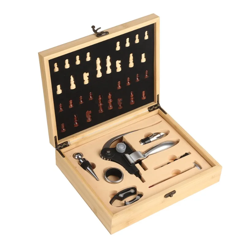 

Red wood box, red wine bottle opener chess set