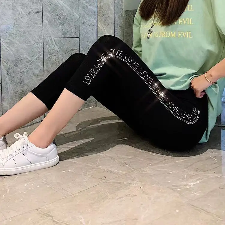 2023 New Summer Modal Mid-calf Leggings for Women Outside Weaing High Stretch All-match Thin Legging Hot Drilling Yoga Pants