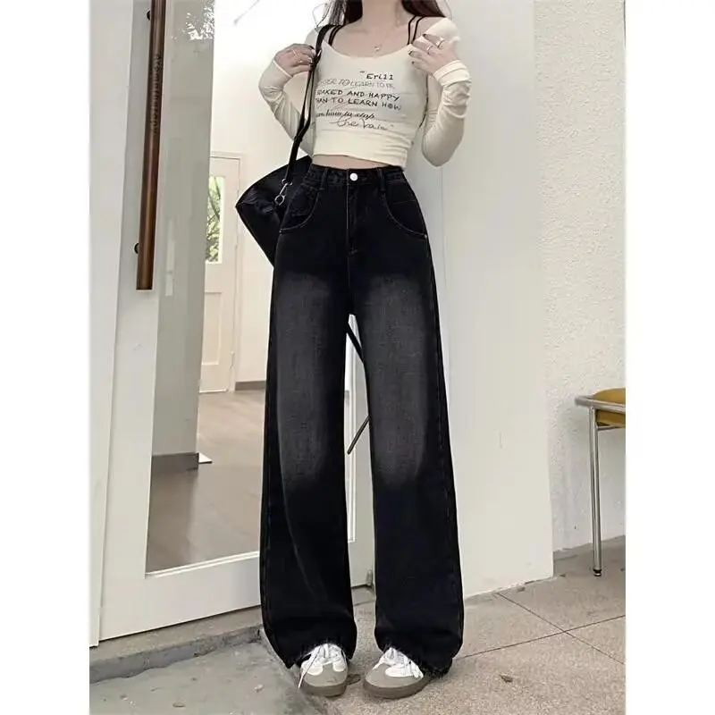 

Retro lazy high waisted wide leg jeans for women's spring new style small and loose fit slim and hanging straight leg pants