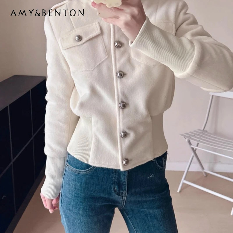 

Autumn Winter New Stand Collar Waist-Cinching Woolen Women's Coat Retro Design Short Slimming Versatile Retro Warm Coats Ladies