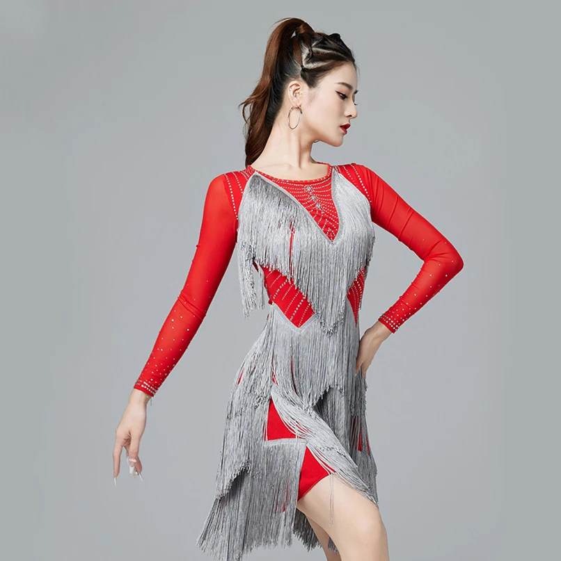 Sexy One-Piece Latin Dance Dresses Contrast Color Gilr Salsa Samba Sling Stretchy Dress Long Sleeves Fringes Competition Costume