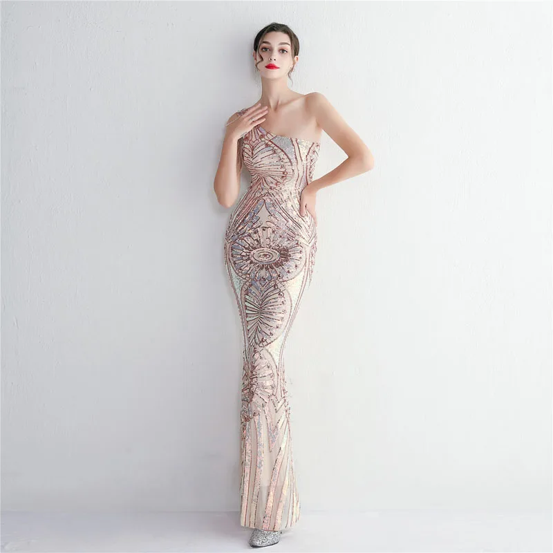 

Sexy Women One Shoulder 2023 New In Summer Sequined Evening Party Cocktail Prom Bodycon Long Maxi dress