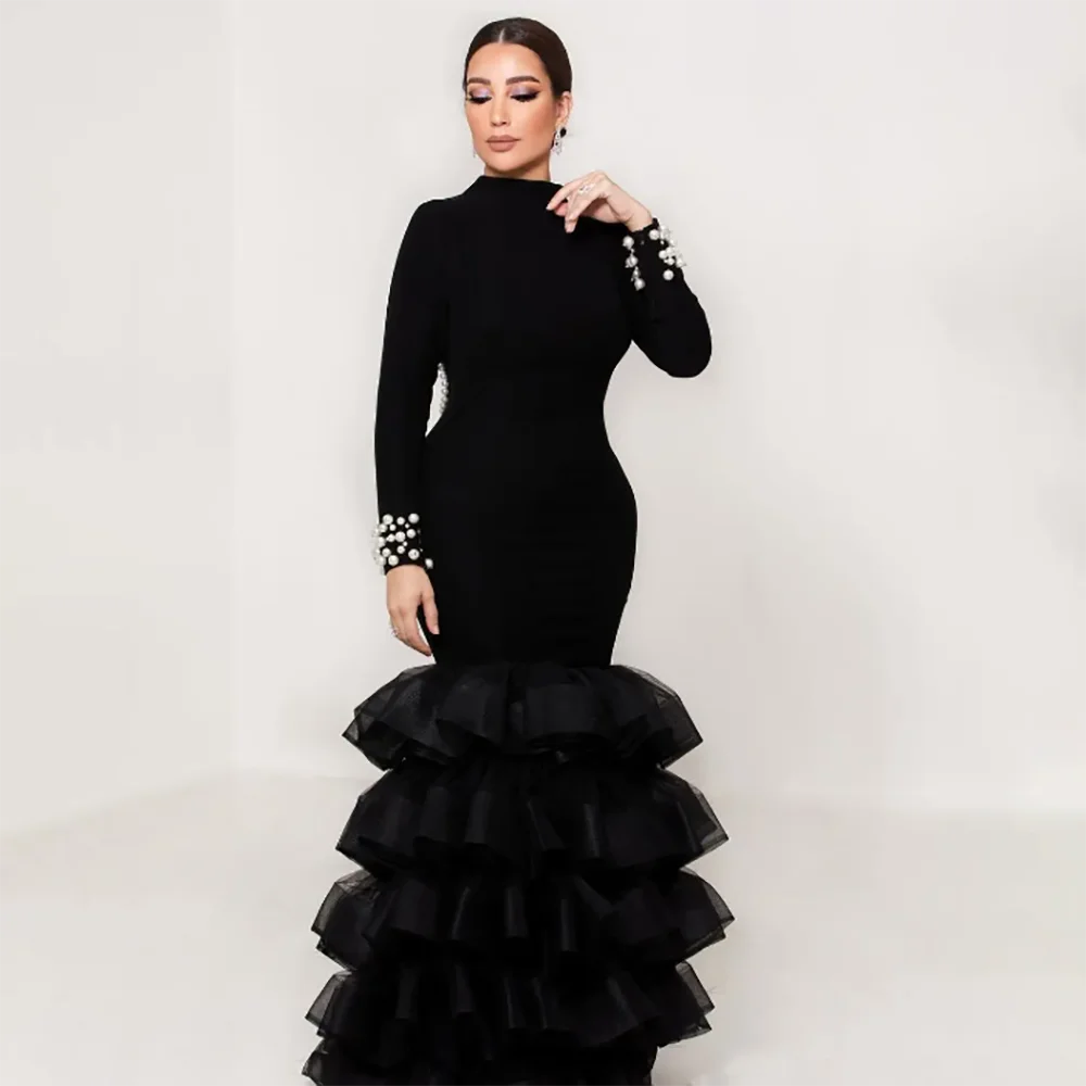 

Luxury Evening Dresses Backless Pearls For Prom Black Long Sleeves Mermaid Kuwait Fashion Design Party Formal Occasion Dresses