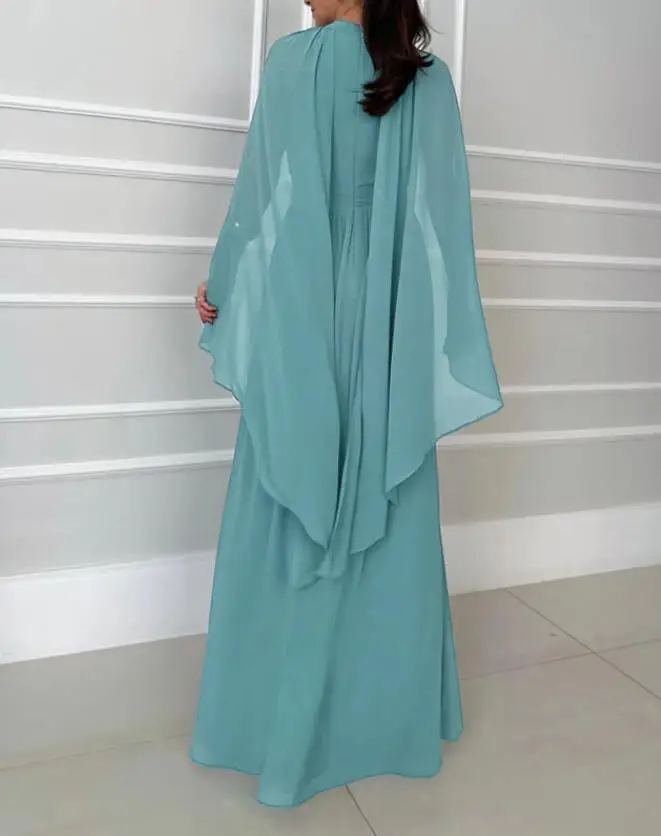 

2026 New Women's Sleeveless Cloak Round Neck Solid Color Chiffon Long Dress Ruffle Waist Flower Evening Dress Banquet Dress