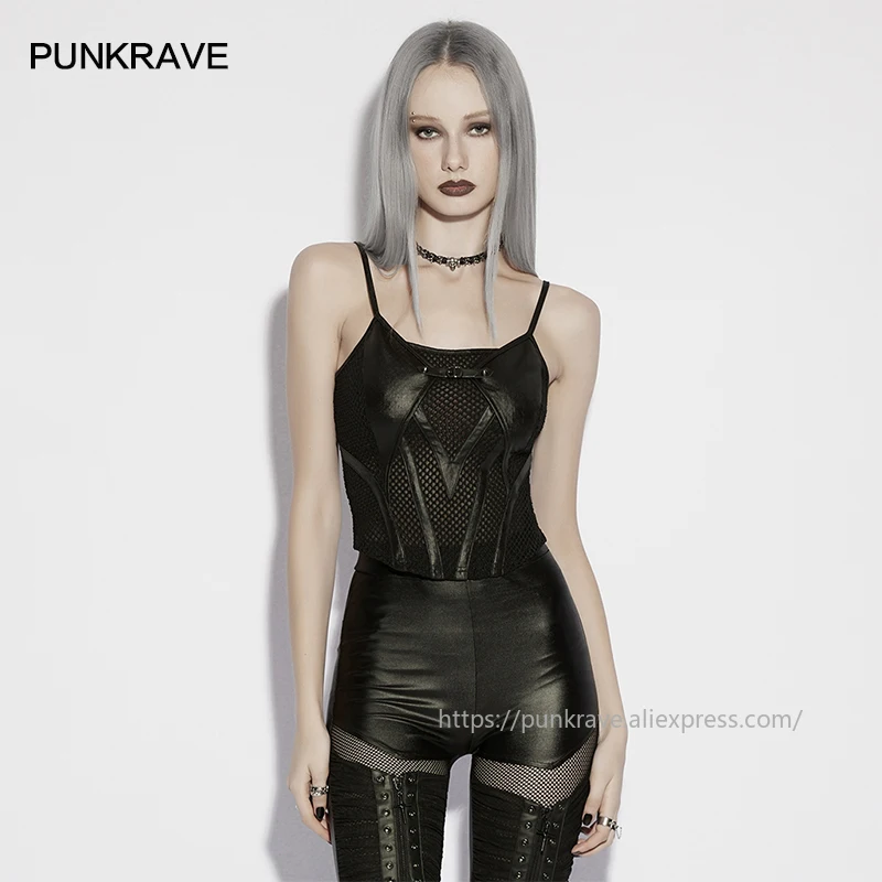

PUNK RAVE Women's Punk Fish Scale Mesh Handsome Camisole Symmetrical Unique Decals Slim Dark Short Halter Top Summer