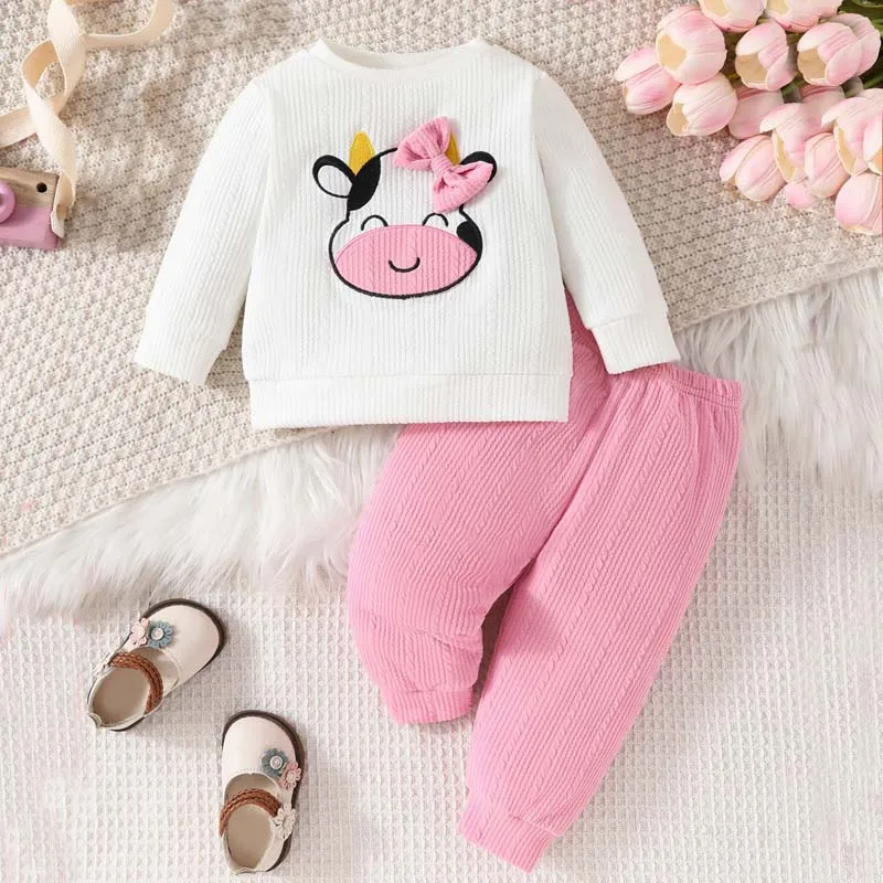 Roupa de bebé Conjunto de manga comprida para bebé Menina Conjunto de manga comprida Top Pant Suit Cartoon Cow Bow Decoration Tee Top Trousers 2Pcs Outfits Toddler Girls 1-3Y